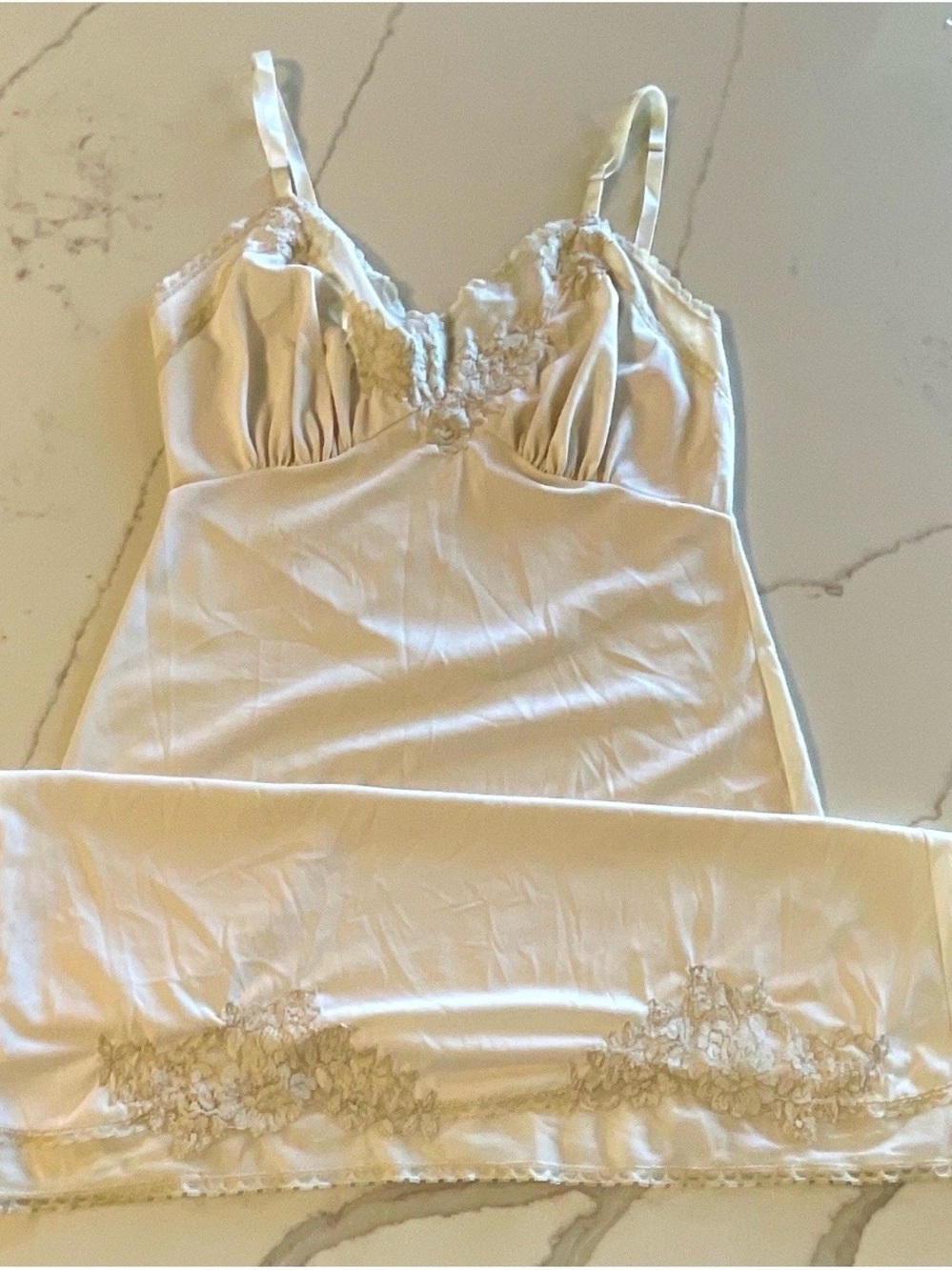Vintage Van Raalte Ivory Lace-Trim Satin Slip Dress - made in USA size 32